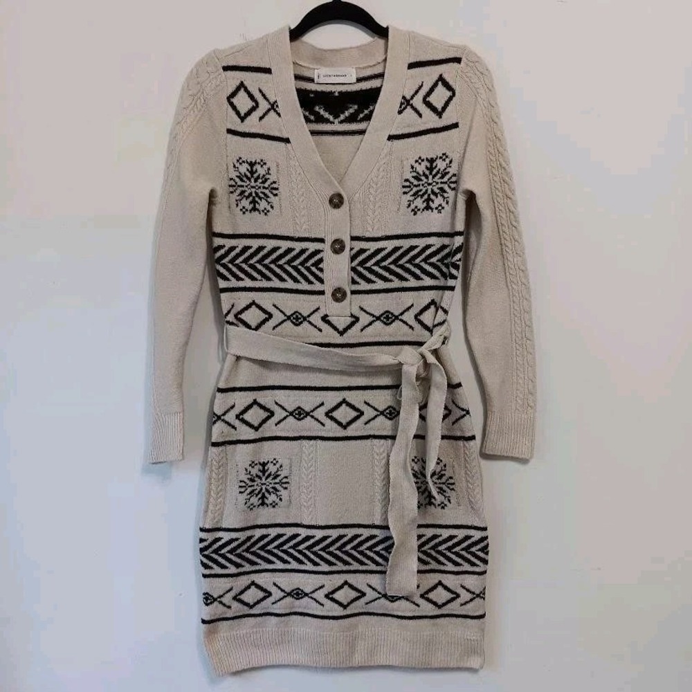 Lucky Brand Sweater Dress Womens Small Beige Fair Isle Belted Button V Neck‎